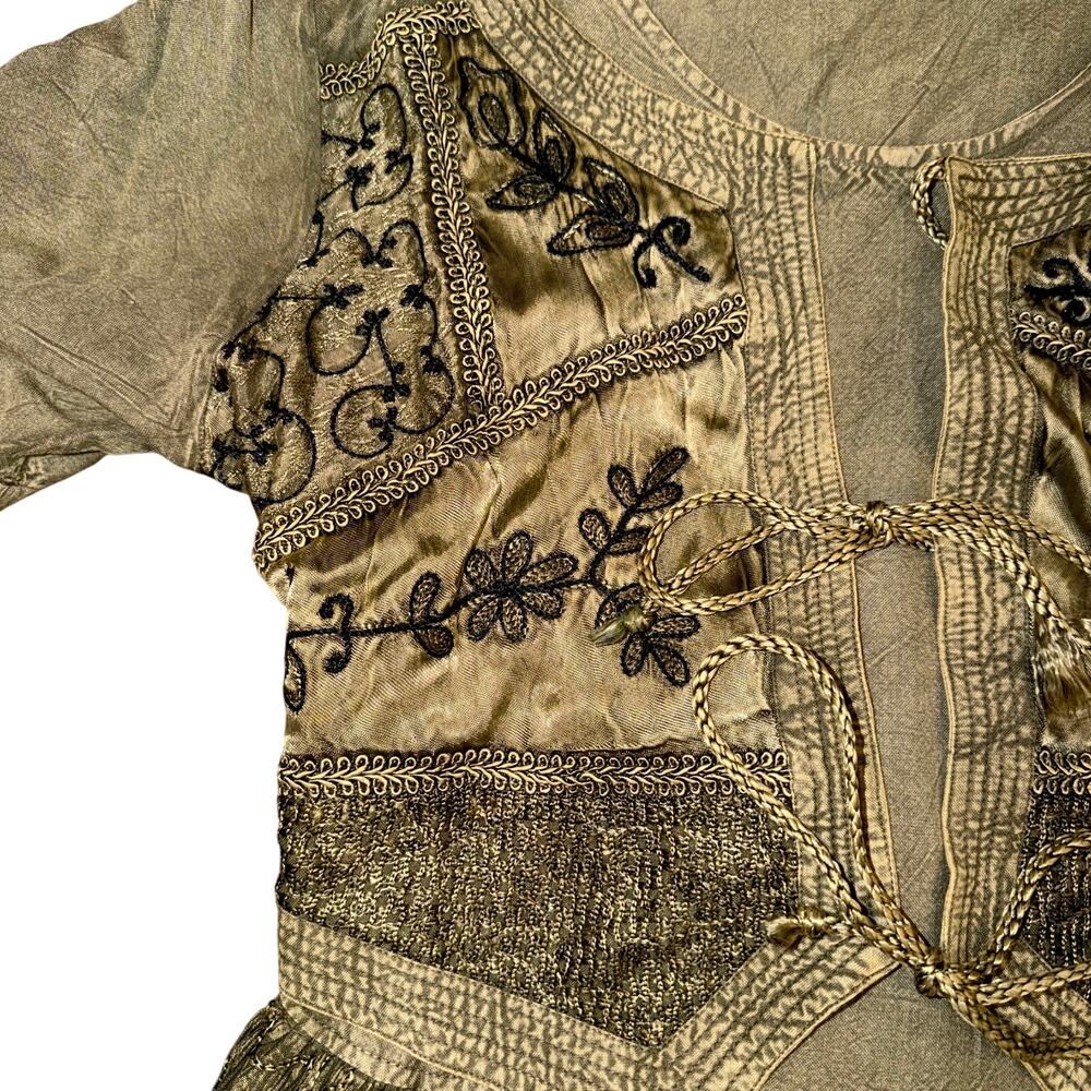 Vintage 100% Rayon Olive Embroidered Boho Lagenlook Prairie Maxi Dress S/M - Picture 7 of 10